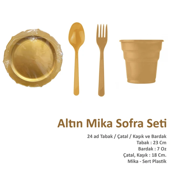 Omeyva Dayanıklı Mika 23 Cm. Altın Sorfa Piknik Seti - 24 Kişilik Tabak Bardak Çatal Kaşık Takımı - Resim 2