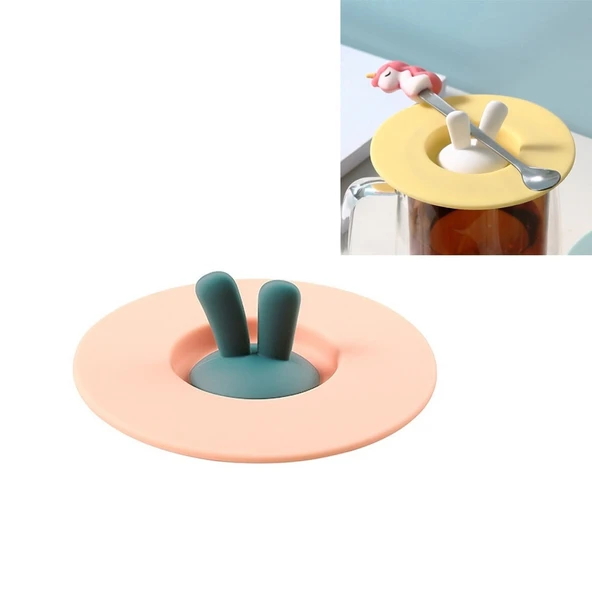 Gıda Sınıfı Tavşan Kulaklı Silikon Bardak Kapağı Toz Geçirmez Sızdırmaz Pembe