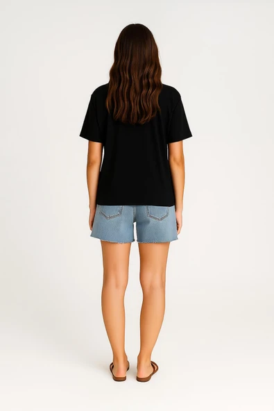 Kadın Bisiklet Yaka Oversize %100 Pamuk T-Shirt - 6