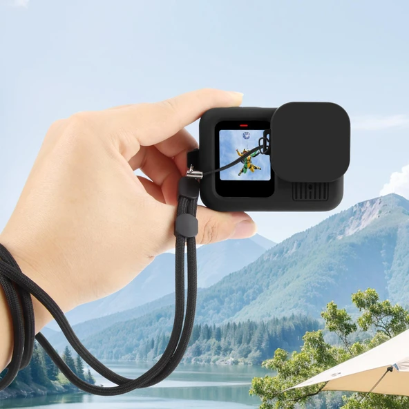 GoPro HERO13 Black Uyumlu Siyah Silikon Koruyucu Kılıf Bileklik ve Lens Kapağı - 8