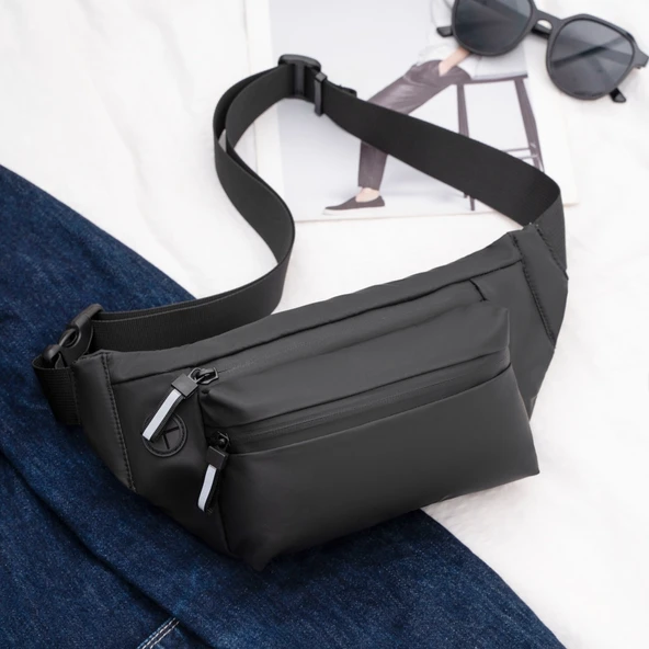 Erkekler için Ayarlanabilir Siyah Oxford Kumaş Bel Çantası 32x12x6 cm - 4