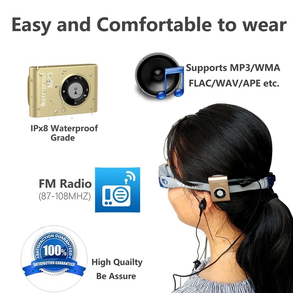 C26 IPX8 Su Geçirmez Yüzme Dalış Spor MP3 Müzik Çalar Beyaz 8GB Hafıza Klipsli Kulaklıklı FM Destekli - 4