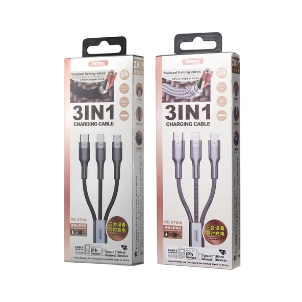 Remax RC 070TH 1.2 Metre 2 Amper 3 in 1 USB 8 Pin USB C Micro USB Şarj Kablosu Gri - 5