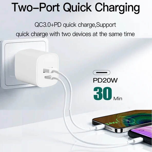 CS 20W Mini Taşınabilir PD3 0 QC3 0 Çift Port Hızlı Şarj Cihazı 3A USB Tip C Veri Kablosu US Priz - 8
