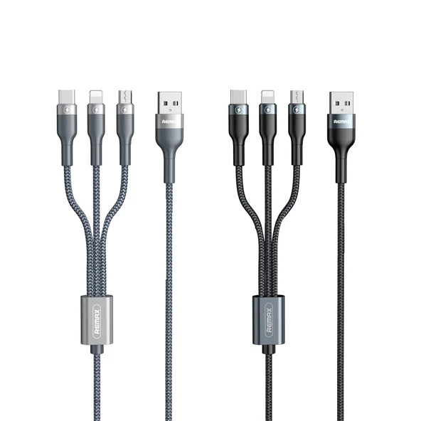 Remax RC 070TH 1.2 Metre 2 Amper 3 in 1 USB 8 Pin USB C Micro USB Şarj Kablosu Gri - 2