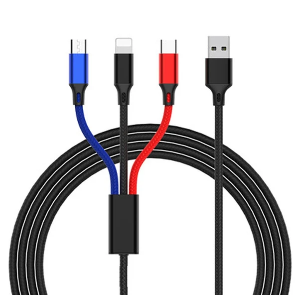 3 in 1 USB Çoklu Şarj Kablosu 8 Pin Type C Micro USB Renkli Örgülü 1.2 Metre