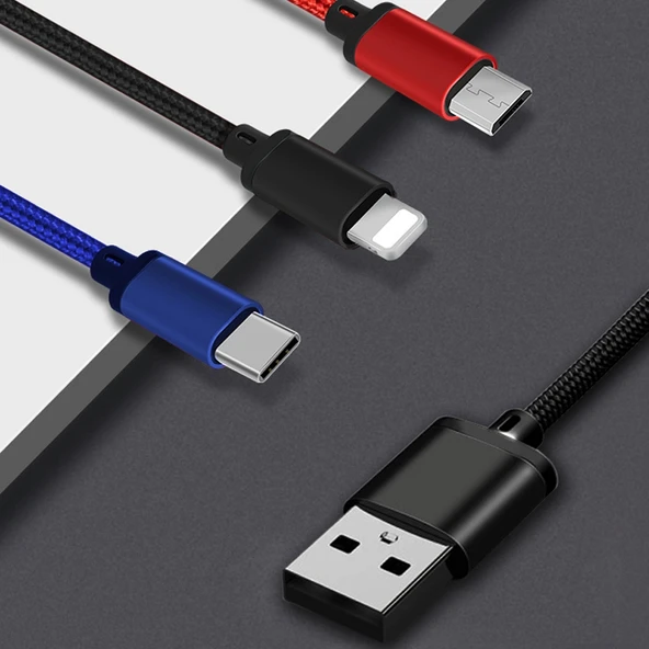 3 in 1 USB Çoklu Şarj Kablosu 8 Pin Type C Micro USB Renkli Örgülü 1.2 Metre - 4
