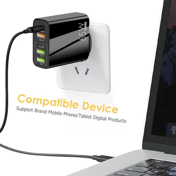 65W Cift PD Type-C ve 3 USB Portlu Hızli Sarj Cihazi 3A USB Type-C Veri Kablosu Beyaz EU Priz - 6