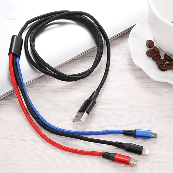 3 in 1 USB Çoklu Şarj Kablosu 8 Pin Type C Micro USB Renkli Örgülü 1.2 Metre - 2