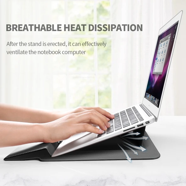 4 in 1 Evrensel Laptop Tutucu PU Suya Dayanıklı Koruma Bilek Destekli Laptop Çantası 13 14 İnç Gül Kurusu - 8