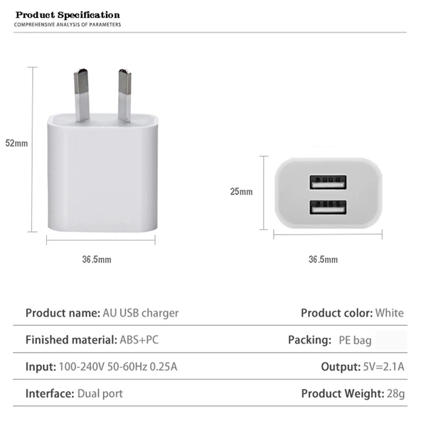 Mini Çift Portlu USB Şarj Cihazı USB Type C Veri Kablosu ile AU Priz - 4