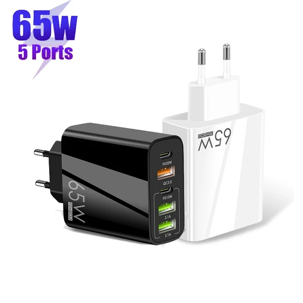 65W Cift PD Type-C ve 3 USB Portlu Hızli Sarj Cihazi 3A USB Type-C Veri Kablosu Beyaz EU Priz - 2