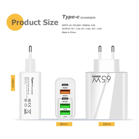 65W Cift PD Type-C ve 3 USB Portlu Hızli Sarj Cihazi 3A USB Type-C Veri Kablosu Beyaz EU Priz - 5