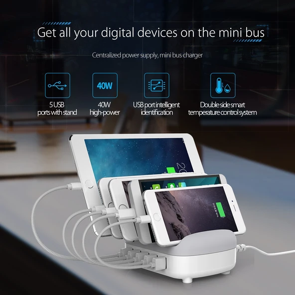ORICO DUK-5P 40W 5 USB Portlu Akıllı Şarj İstasyonu Telefon ve Tablet Standlı Siyah - 6