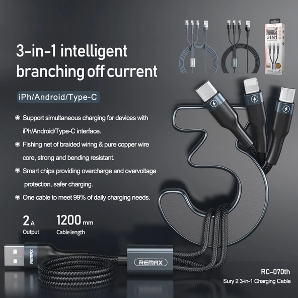 Remax RC 070TH 1.2 Metre 2 Amper 3 in 1 USB 8 Pin USB C Micro USB Şarj Kablosu Gri - 3