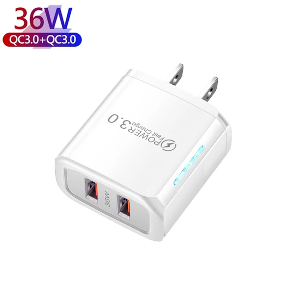 36W Cift Port QC3.0 USB Sarj Cihazi 3A USB Type-C Veri Kablosu Beyaz US Priz - 2