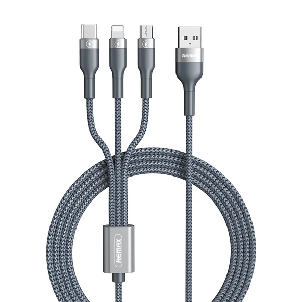 Remax RC 070TH 1.2 Metre 2 Amper 3 in 1 USB 8 Pin USB C Micro USB Şarj Kablosu Gri
