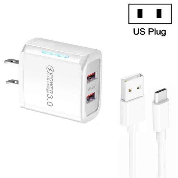 36W Cift Port QC3.0 USB Sarj Cihazi 3A USB Type-C Veri Kablosu Beyaz US Priz