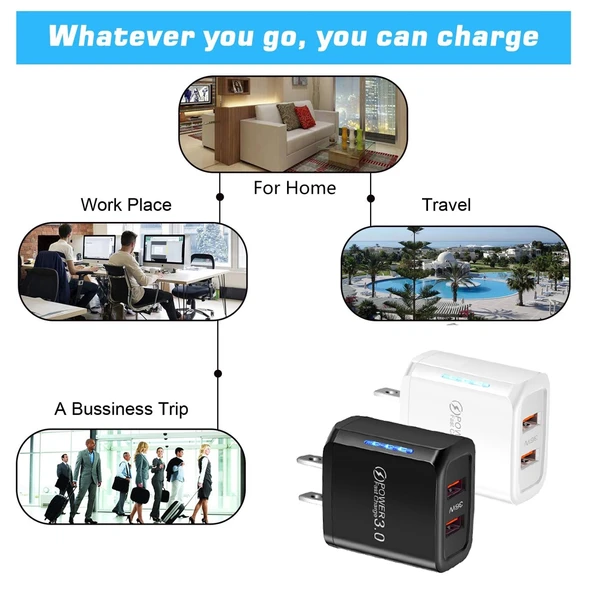 36W Cift Port QC3.0 USB Sarj Cihazi 3A USB Type-C Veri Kablosu Beyaz US Priz - 6