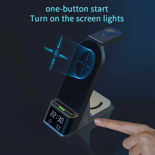 H36 6 in 1 15W Manyetik Kablosuz Şarj Cihazı Dijital Alarm Saatli iPhone AirPods iWatch Uyumlu - 9
