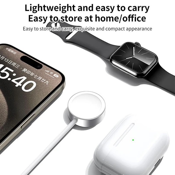 Apple Watch Serisi Uyumlu Alüminyum Alaşımlı Manyetik Kablosuz Şarj Cihazı USB-A Beyaz - 8