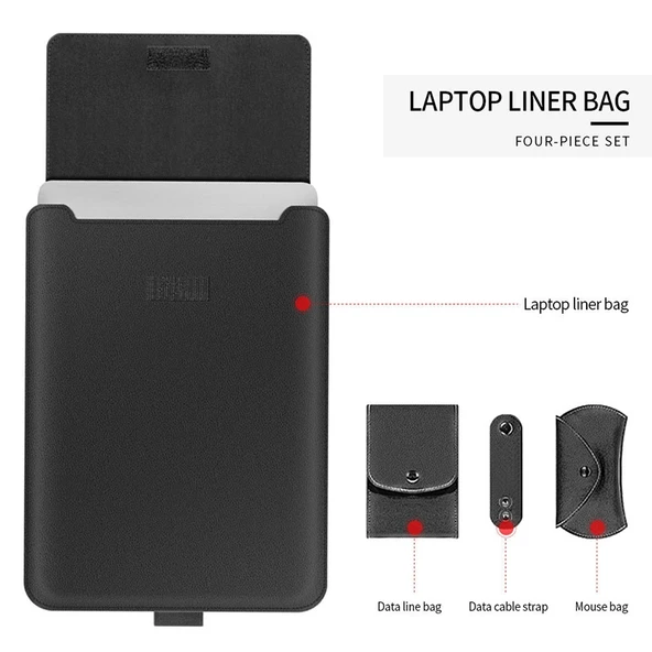4 in 1 Evrensel Su Geçirmez Kahverengi PU Deri Laptop Kılıfı Seti 13 14 Inç - Tutacak Stand Kalemlik Mouse Şarj Çantası - 3