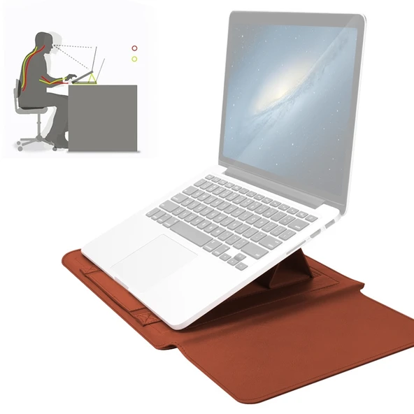 4 in 1 Evrensel Su Geçirmez Kahverengi PU Deri Laptop Kılıfı Seti 13 14 Inç - Tutacak Stand Kalemlik Mouse Şarj Çantası