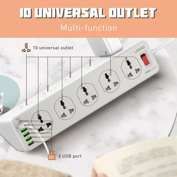 LDNIO SC10610 30W 10+6 Port Çok Fonksiyonlu Seyahat Ev Ofis Hızlı Şarj Prizi UK Fiş - 3