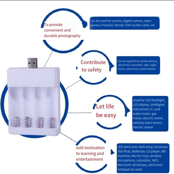Hızlı USB 4 Yuvalı Şarj Cihazı AA AAA Şarjlı Pil Evrensel Dört Yuvalı Şarj Kutusu Model Direkt Takılabilir - 7