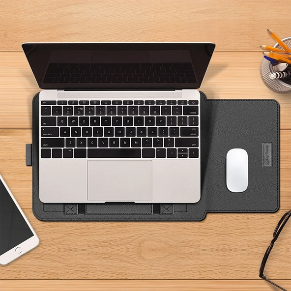 4 in 1 Evrensel Su Geçirmez Kahverengi PU Deri Laptop Kılıfı Seti 13 14 Inç - Tutacak Stand Kalemlik Mouse Şarj Çantası - 11