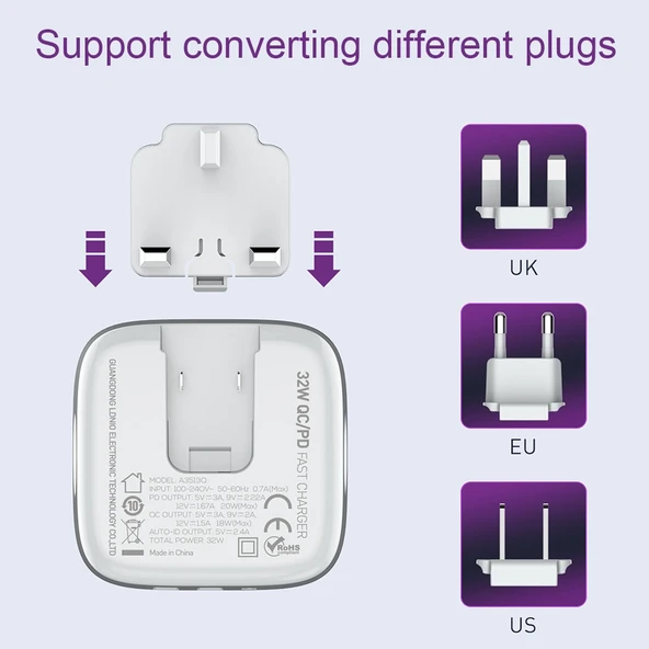 LDNIO A3513Q 32W QC3.0 3 USB Portlu Telefon Adaptoru UK Priz Tip C den 8 Pin Kablo Ile - 4