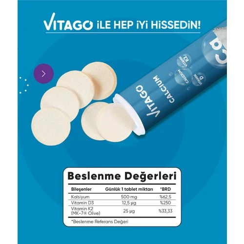 Vıtago Prokalsıyum, Vıtamın D + Vıtamın K2 Iceren 20'Lı Efervesan Tablet - 2