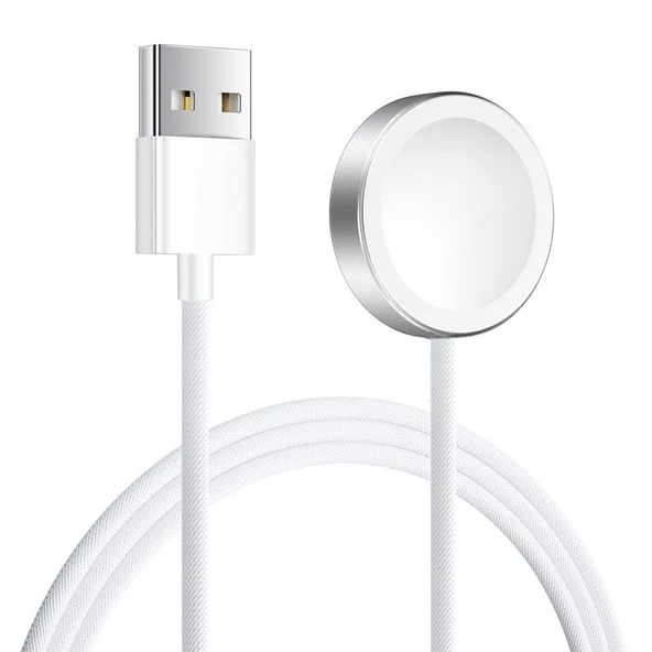 Apple Watch Serisi Uyumlu Alüminyum Alaşımlı Manyetik Kablosuz Şarj Cihazı USB-A Beyaz