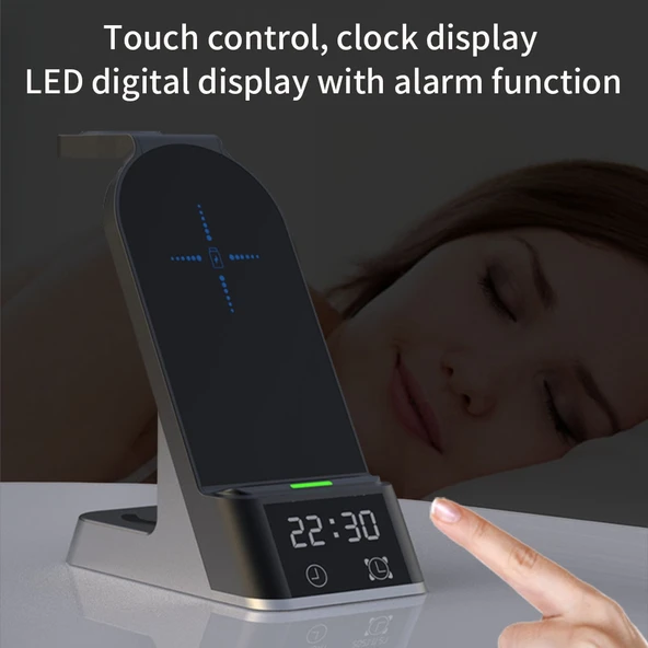H36 6 in 1 15W Manyetik Kablosuz Şarj Cihazı Dijital Alarm Saatli iPhone AirPods iWatch Uyumlu - 8