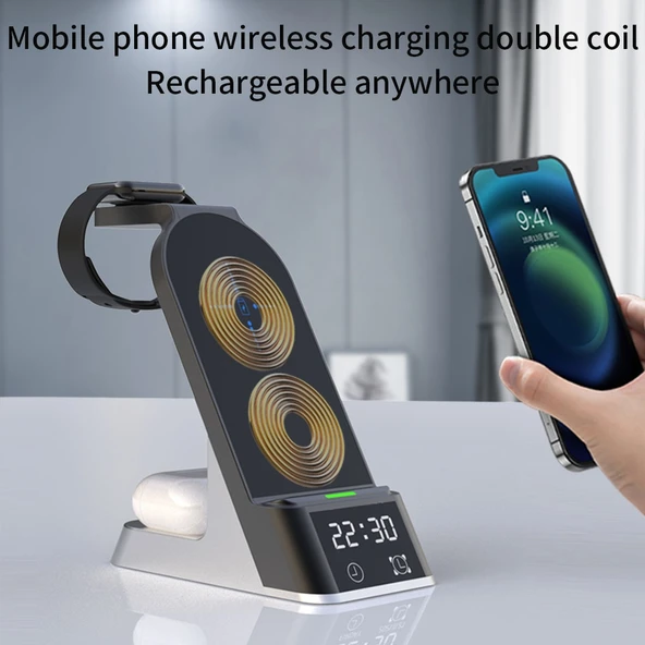 H36 6 in 1 15W Manyetik Kablosuz Şarj Cihazı Dijital Alarm Saatli iPhone AirPods iWatch Uyumlu - 6