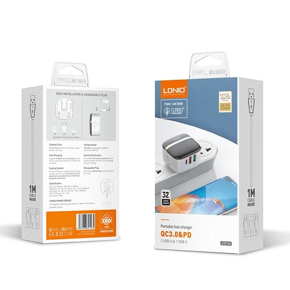 LDNIO A3513Q 32W QC3.0 3 USB Portlu Telefon Adaptoru UK Priz Tip C den 8 Pin Kablo Ile - 7
