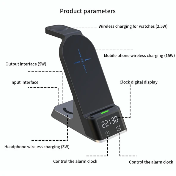 H36 6 in 1 15W Manyetik Kablosuz Şarj Cihazı Dijital Alarm Saatli iPhone AirPods iWatch Uyumlu - 3