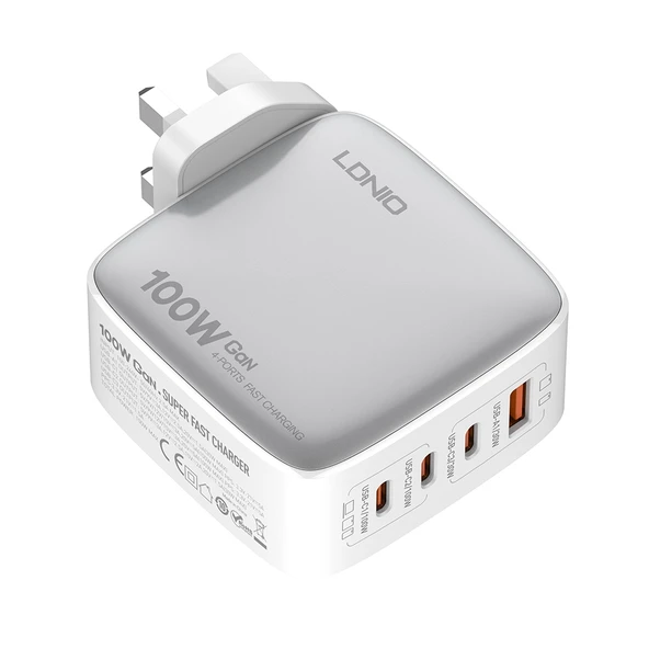 LDNIO Q408 100W GaN USB ve 3 USB-C Tipi Şarj Cihazı 1m 100W USB-C Veri Kablosu Beyaz UK Priz - 5