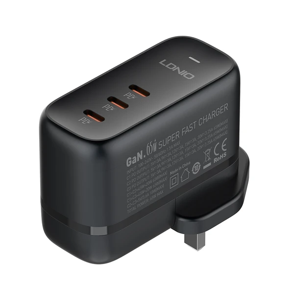 LDNIO Q367 65W GaN 3 Port USB C Hızlı Şarj Cihazı 1m USB C Veri Kablosu UK Priz Siyah - 3