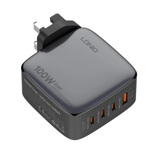 LDNIO Q408 100W GaN USB ve 3 USB-C Tipi UK Fişli Şarj Cihazı Siyah 1m 100W USB-C Veri Kablosu - 5