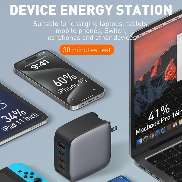 LDNIO Q408 100W GaN USB ve 3 USB-C Tipi UK Fişli Şarj Cihazı Siyah 1m 100W USB-C Veri Kablosu - 12