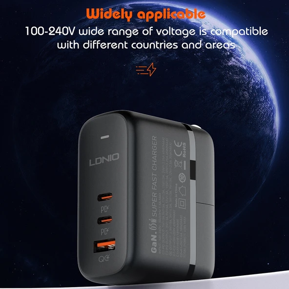 LDNIO Q366 65W USB ve Çift Type-C Portlu Şarj Cihazı 1m USB-C/Type-C Veri Kablosu UK Priz Siyah - 12