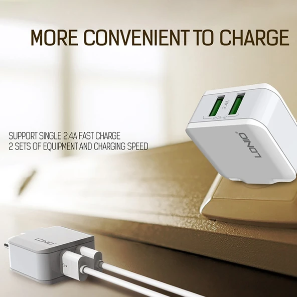 LDNIO A2201 2.4A Çift USB Seyahat Şarj Adaptörü Type-C Veri Kablosu ile ABD Prizi - 7