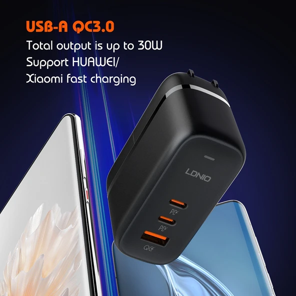 LDNIO Q366 65W USB ve Çift Type-C Portlu Şarj Cihazı 1m USB-C Tipi Kablo EU Priz Siyah - 6