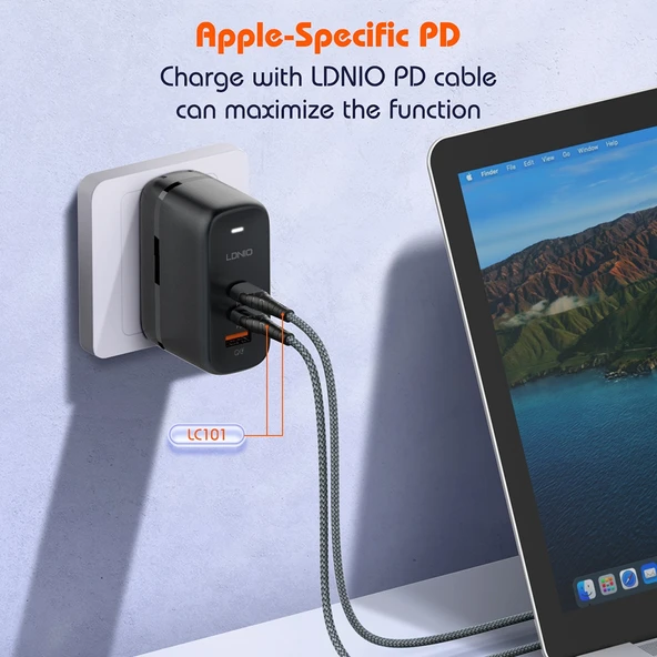 LDNIO Q366 65W USB ve Çift Type-C Portlu Şarj Cihazı 1m USB-C/Type-C Veri Kablosu UK Priz Siyah - 8