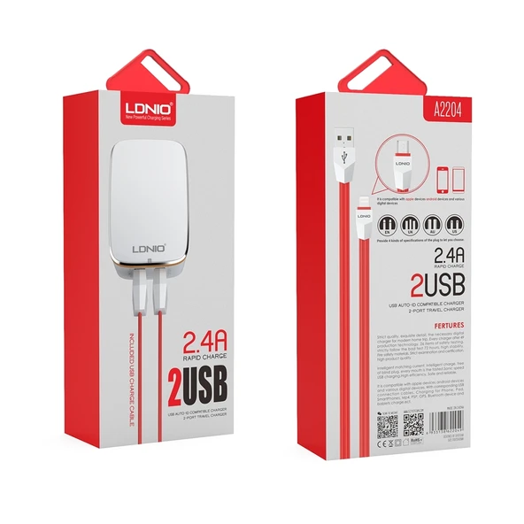 LDNIO A2204 12W Çift USB Portlu Seyahat Şarj Cihazı Type-C USB-C Kablo ile EU Priz - 5