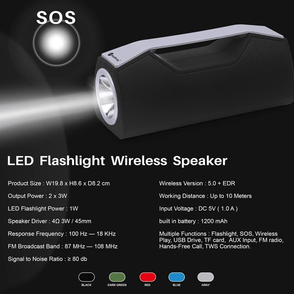 NewRixing NR-2028 Taşınabilir Aydınlatmalı Kablosuz Bluetooth Stereo Hoparlör Gri - 4
