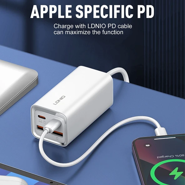 LDNIO A4610C PD65W Hızlı Şarj Cihazı Çift USB-C ve Çift USB Beyaz 1.5m Kablo EU Priz - 5