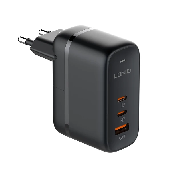 LDNIO Q366 65W USB ve Çift Type-C Portlu Şarj Cihazı 1m USB-C Tipi Kablo EU Priz Siyah