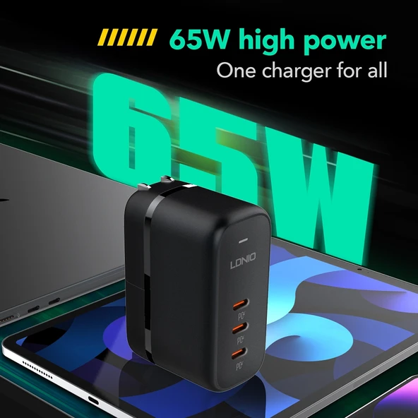 LDNIO Q367 65W GaN 3 Port USB C Hızlı Şarj Cihazı 1m USB C Veri Kablosu UK Priz Siyah - 5